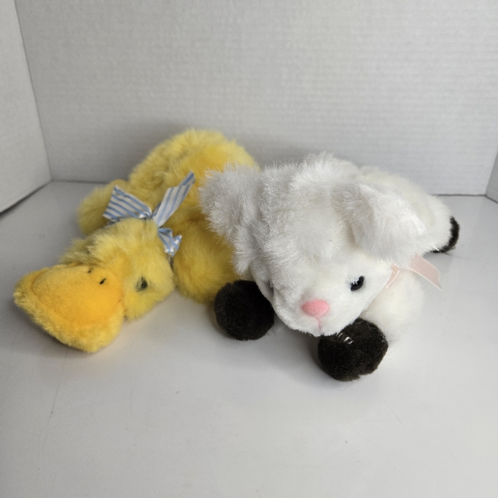 Chrisha Playful Plush Easter Duck Lamb Sheep Lot of 2 Bows Ribbons Stuffed Toys